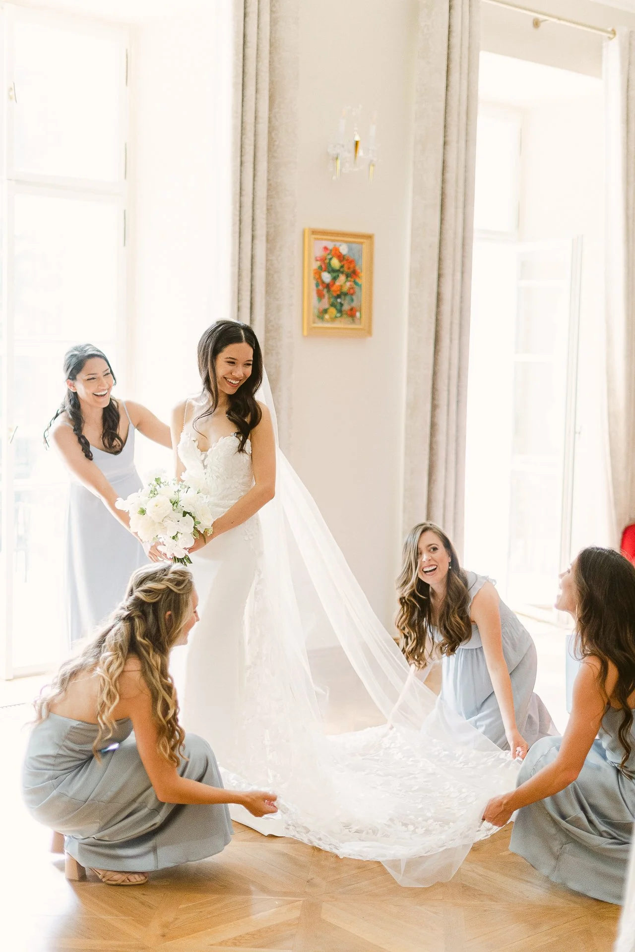Bride and her bridesmaids enjoying their time before the ceremony