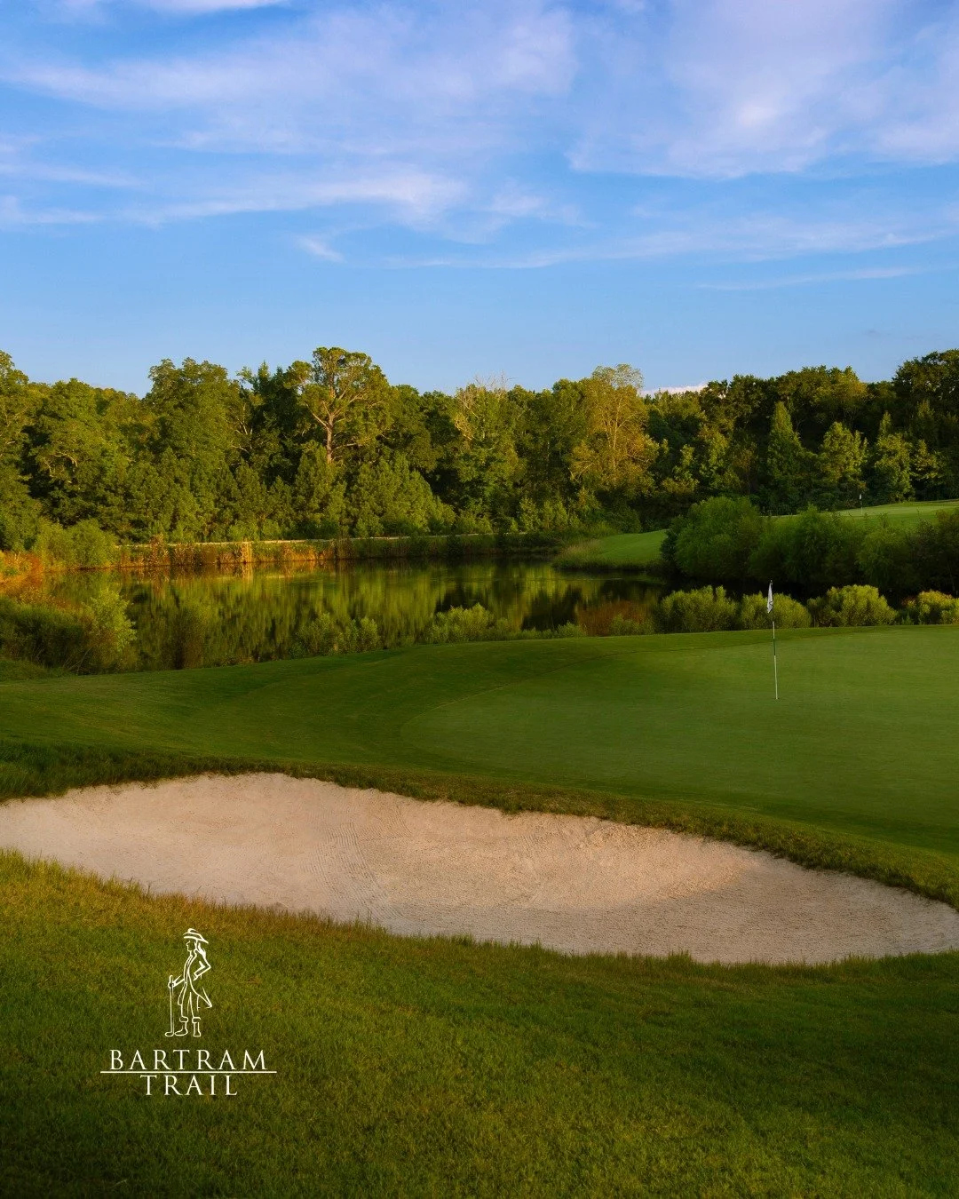 A championship green at Bartram Trail guarded by bunker and water