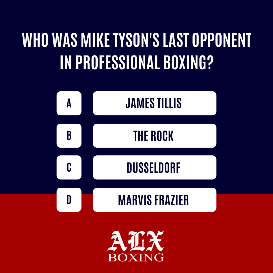 Boxing Trivia Time! Who was Mike Tyson's last opponent in professional boxing?⁣Comment your guess below!

Answer:
.
.
.
.
.
.
C. Dusseldorf 

#alxboxingclub #alexandriaboxingclub #boxing #boxingtraining