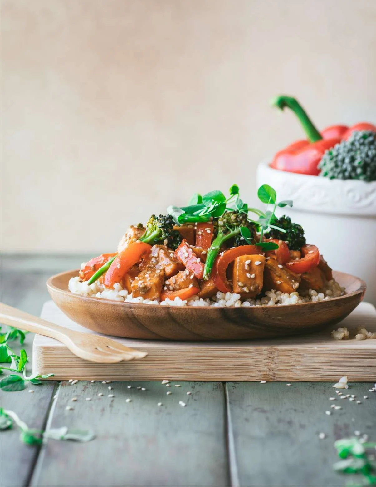 vegan sweet potato tray bake with broccoli and rice