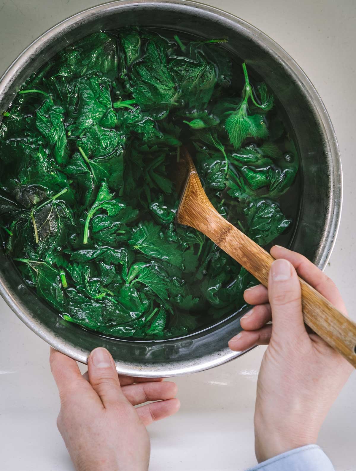 Stirring blanched stinging nettles.