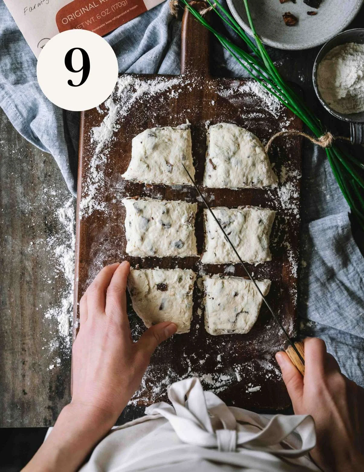 slice biscuit dough into 6 equal biscuits