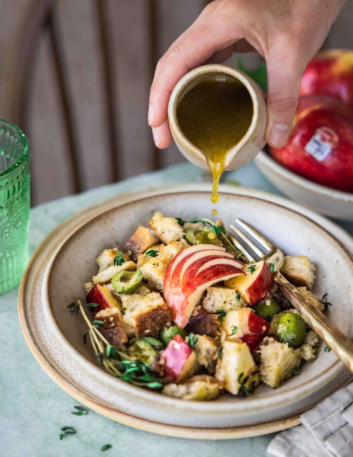 serving apple panzanella salad
