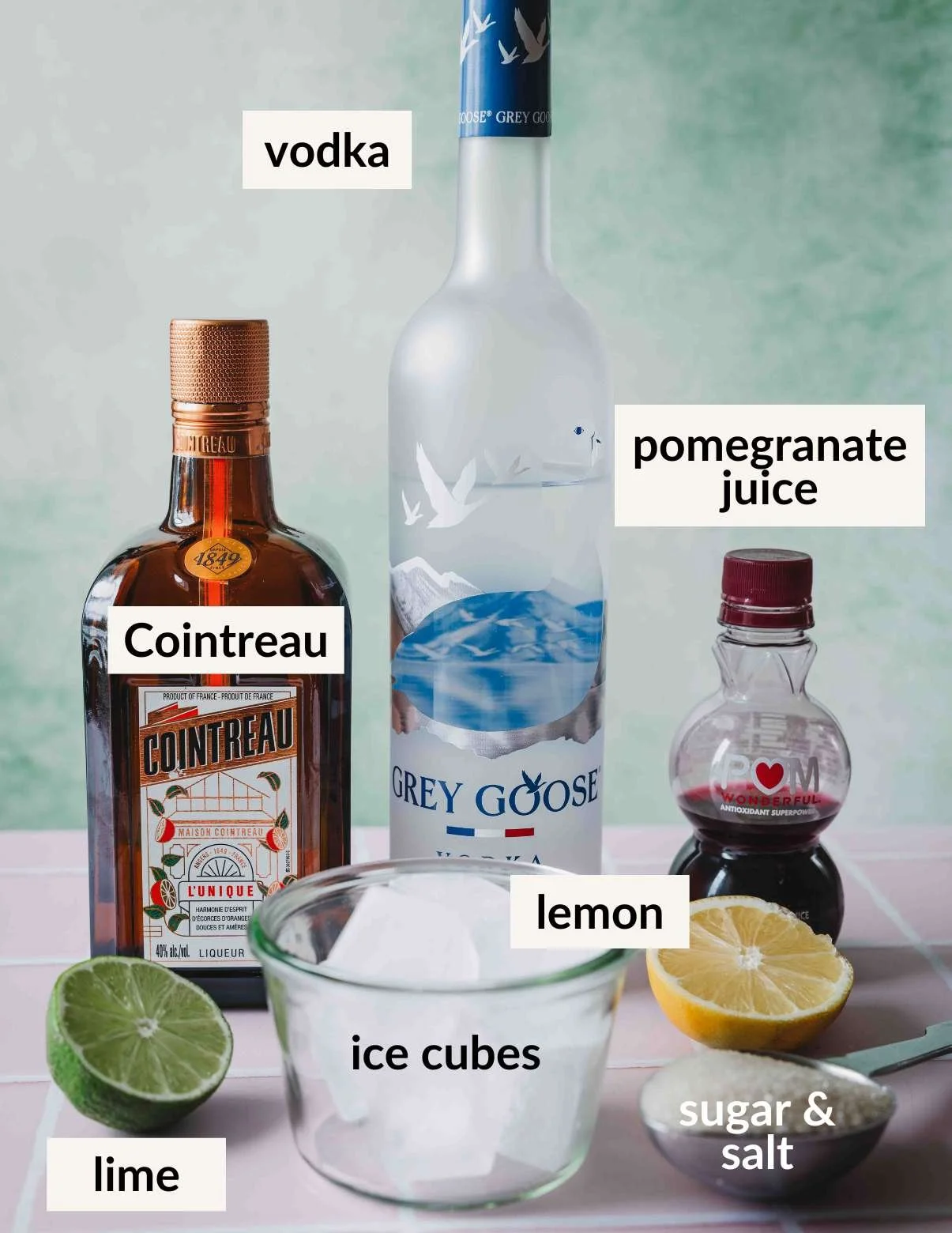 ingredients for pomegranate cosmopolitan