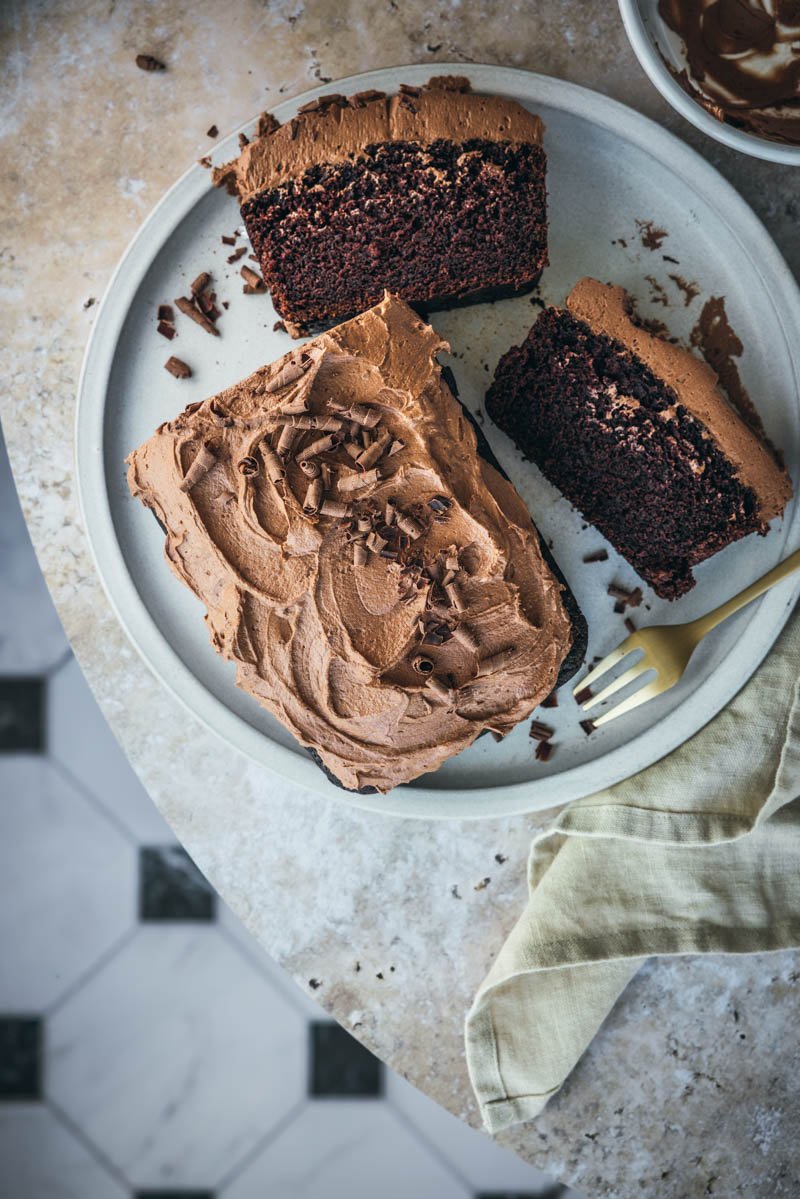 vegan chocolate ermine frosting on Guinness cake