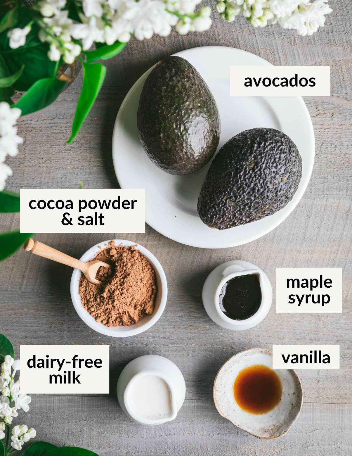 ingredients for vegan avocado chocolate mousse