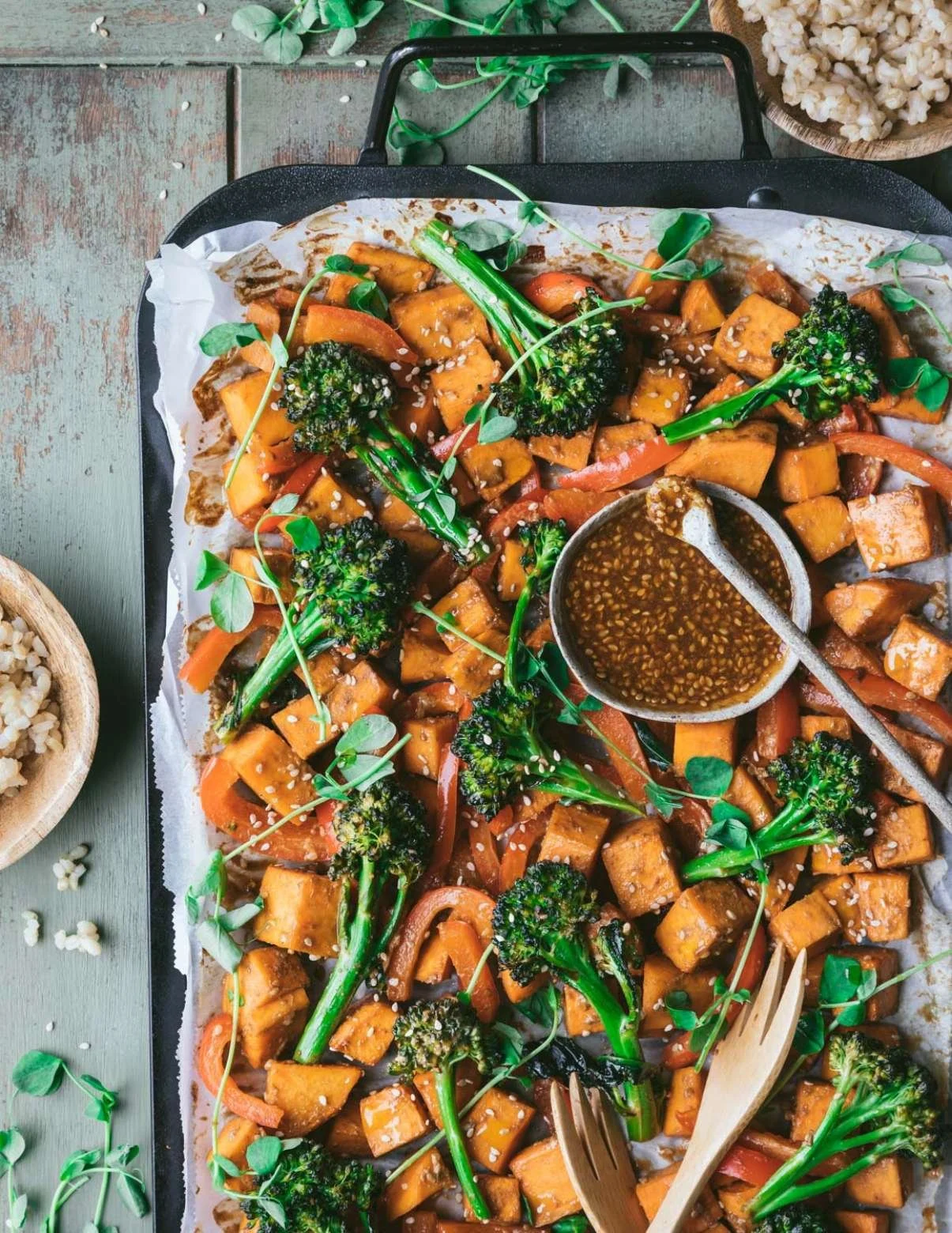 vegan sweet potato tray bake with sesame ginger sauce