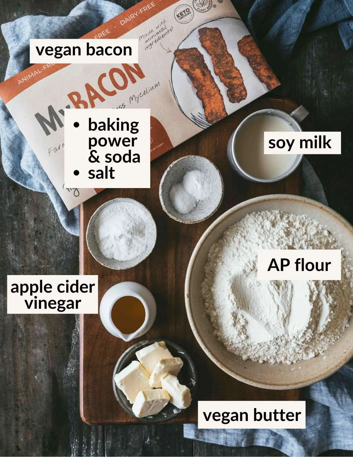 Ingredients for dairy free biscuits with vegan bacon bits.