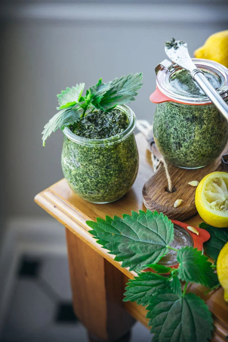 vegan stinging nettle pesto in jars