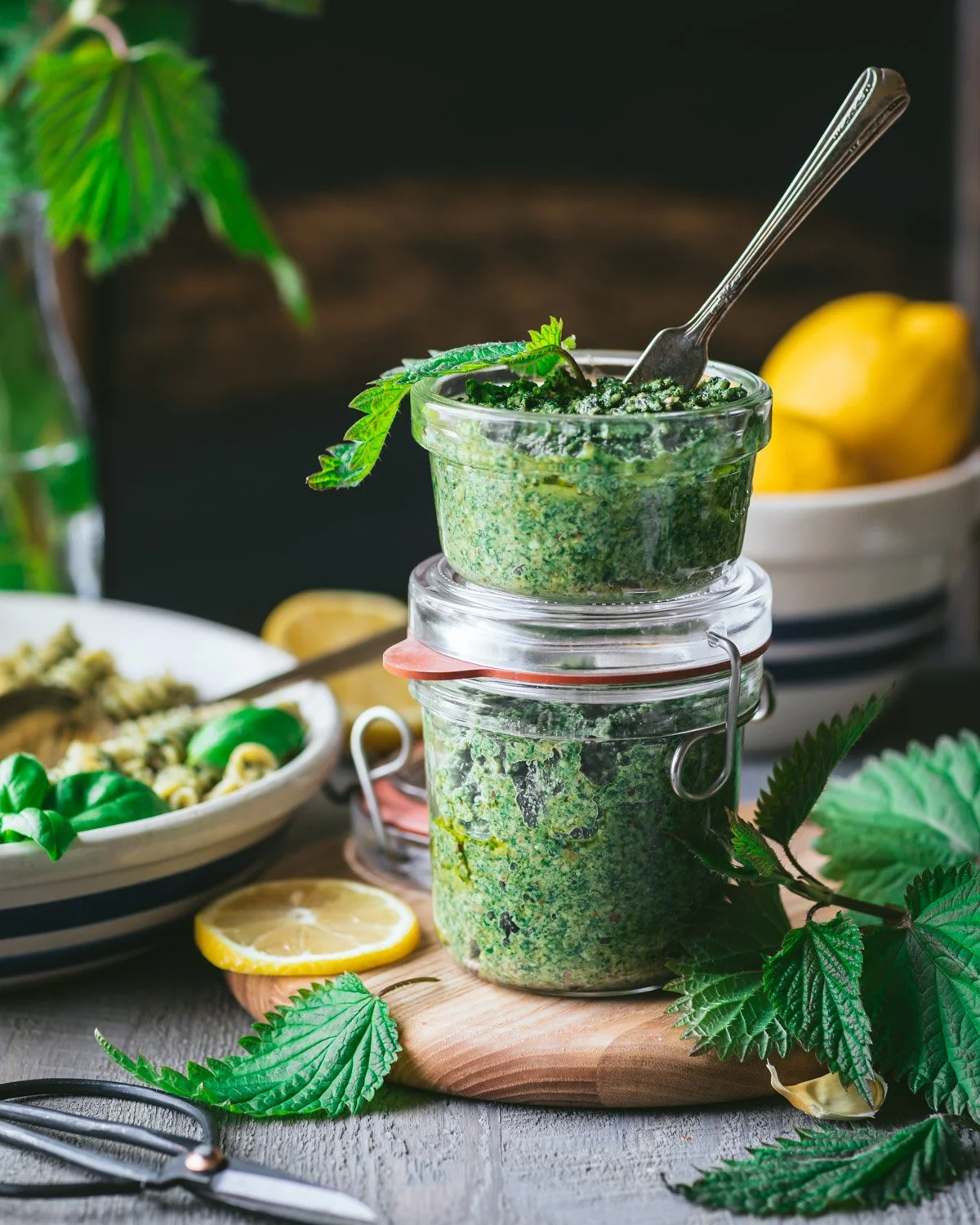 vegan stinging nettle pesto in jars