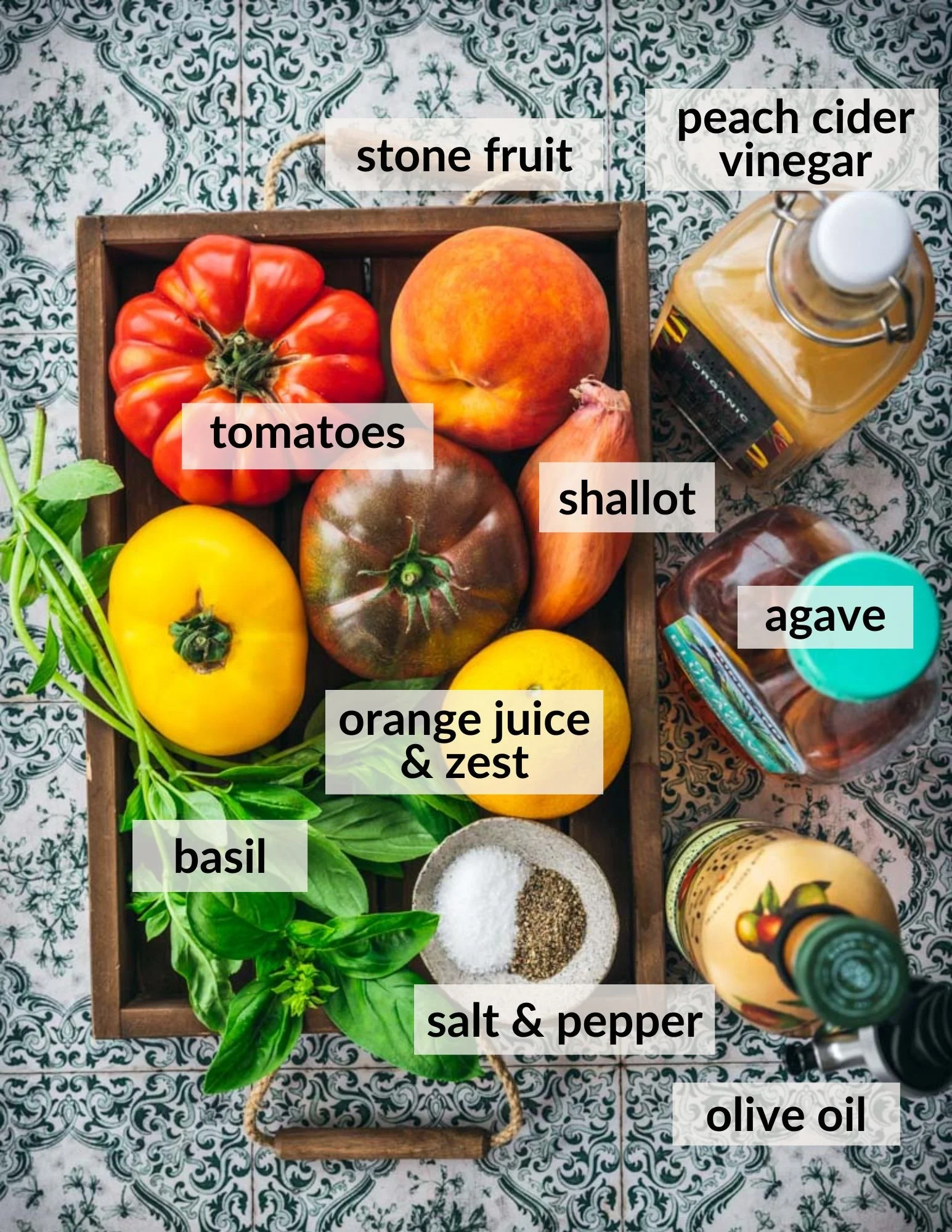 ingredients for tomato crudo with stone fruit and orange vinaigrette
