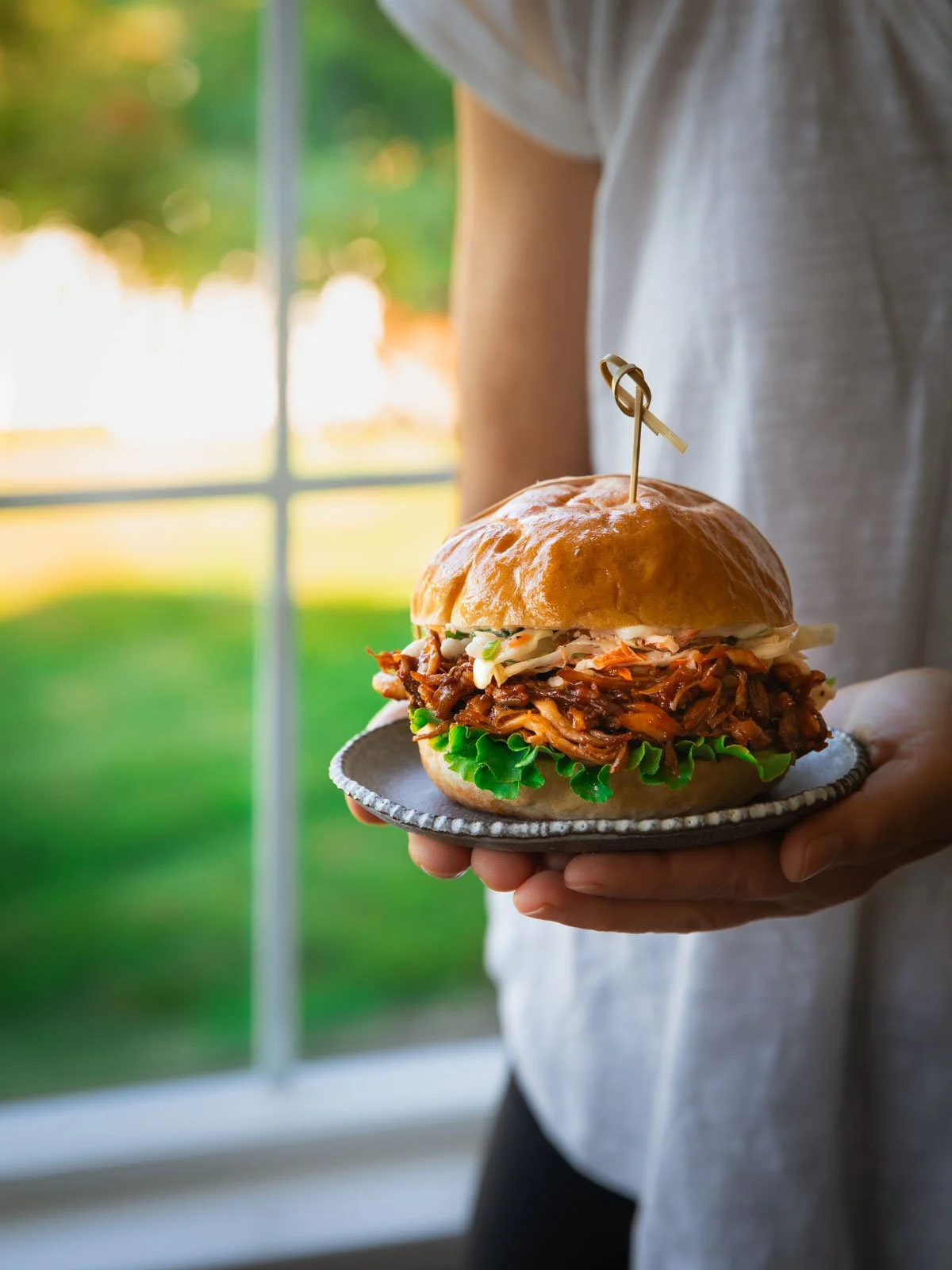 Vegan BBQ Pulled Pork Mushroom Sandwich.