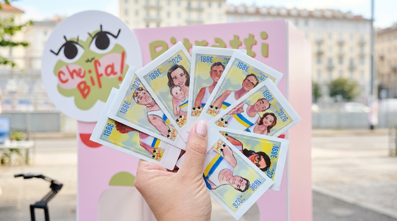 Hand holding seven illustrated photo booth pictures of a family in front of a pink 'Pirati' themed backdrop with a sticker of a smiling cartoon face with big eyes and the words 'che Bifa!' in an outdoor setting.