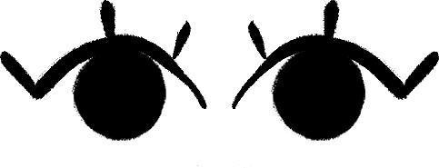 Close-up of a cartoon face with two large eyes, each with thick eyelashes, and two small antennae on top of the head.