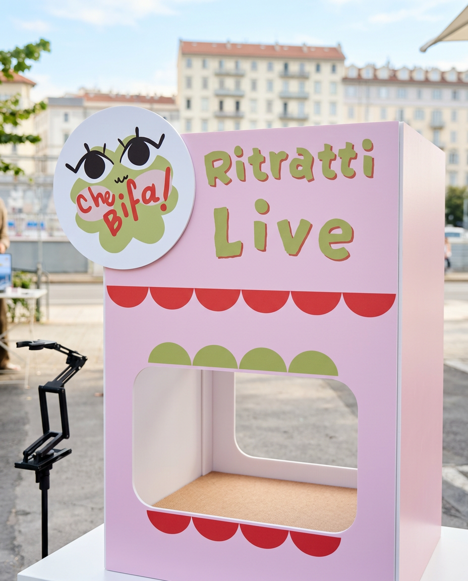 An empty pink cardboard photo stand with a sign that reads "Ritratti Live" and a round logo with a cartoon face and the words "che Bifa!" at an outdoor event with buildings in the background.