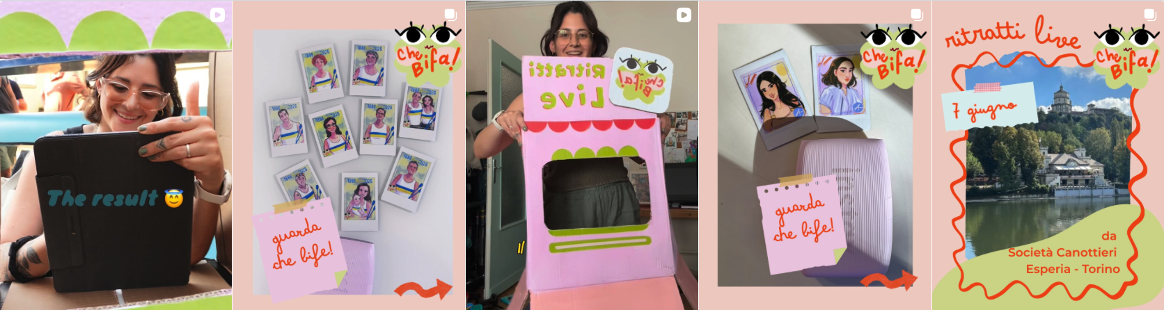 A woman taking a selfie with a tablet, with the text "The result" and a smiling face. The second image shows Polaroid photos on a wall with cartoon eyes and playful writing. The third image features a woman holding a pink sign booth with the words "Ritratti Live" and decorated with cartoon eyes. The fourth image shows two character Polaroid photos on a device, with a note saying "guarda che life!" and "che Bif!" The fifth image depicts a landscape photo with a lake and historic building, annotated with the date "7 giugno" and details about Società Canottieri Esperia in Torino, with playful decorative elements.