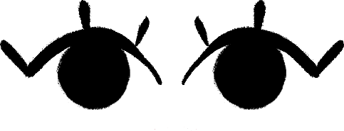 Close-up of cartoon eyes with black circles and eyebrows.