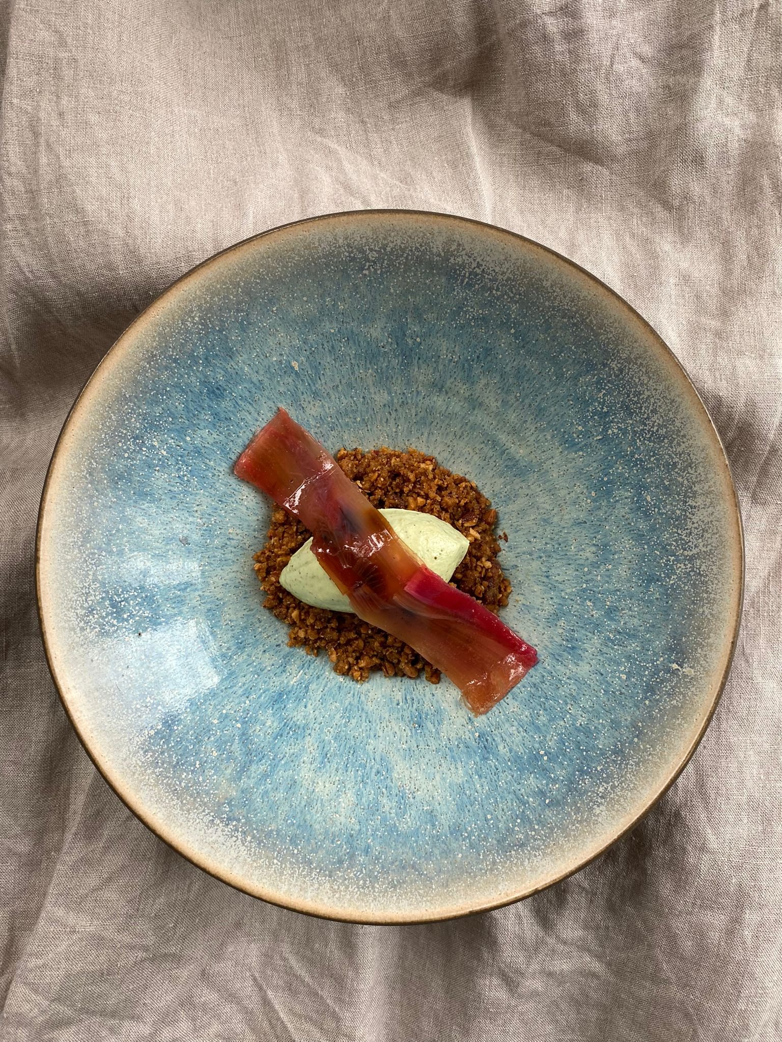 Pressed Rhubarb with Green Tea Cheescake and Ginger Crumb