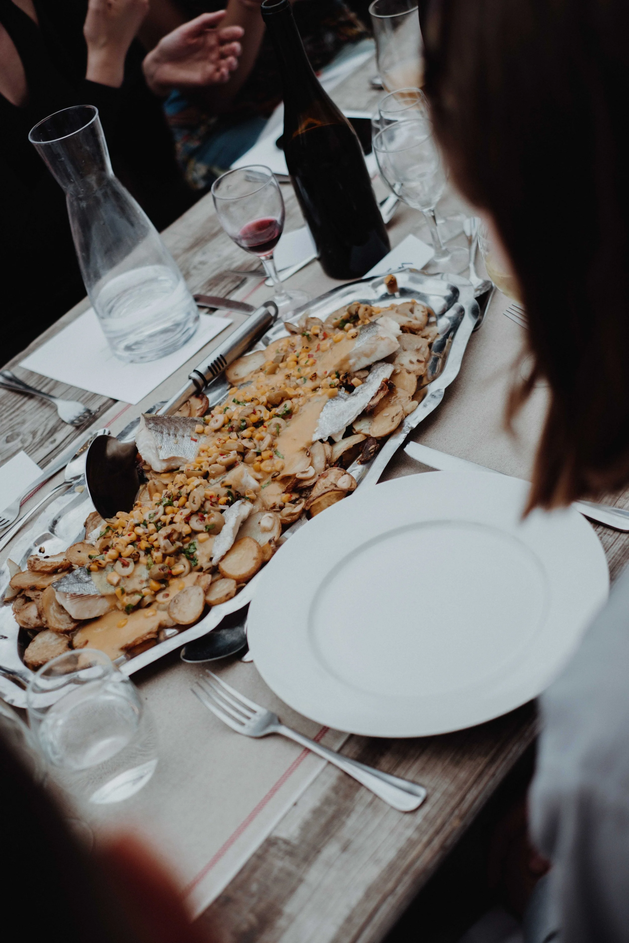 Maltese Potatoes with Hake, Corn Sauce and Corn Salsa