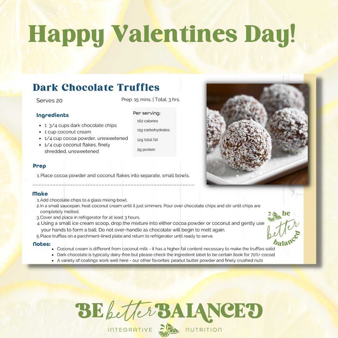 As promised - Your DARK CHOCOLATE TRUFFLE Valentine Recipe!! Enjoy! ❤

#bebetterbalanced #squeezetheday #perspectiveiskey #happyvalentinesday2023 #chocolatelovers #truffles #beminevalentine