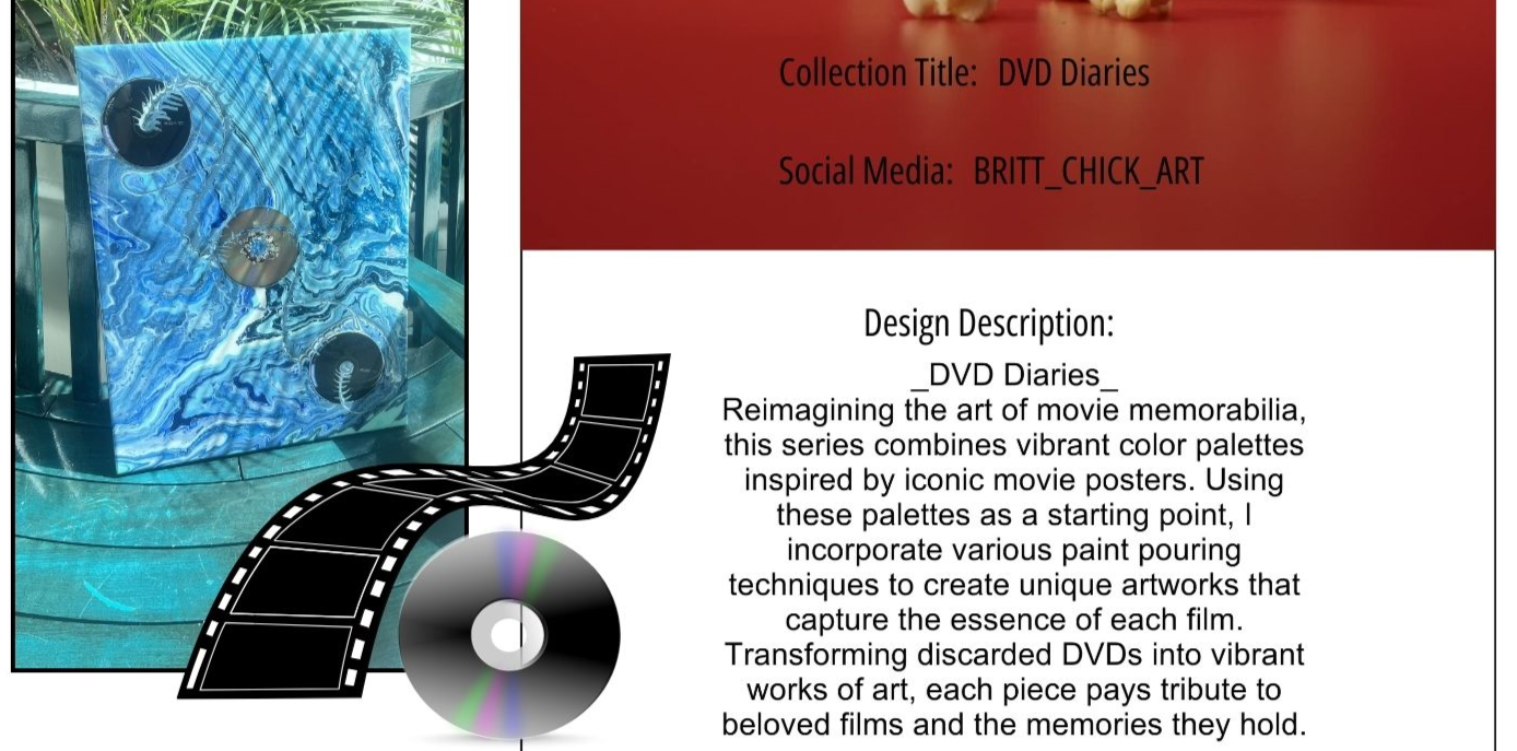 Image of a decorated box with a blue marble pattern, three black movie discs with a logo, a filmstrip graphic, and a color matching disc, accompanied by a design description of a project called DVD Diaries emphasizing vibrant color palettes inspired by iconic movie posters.
