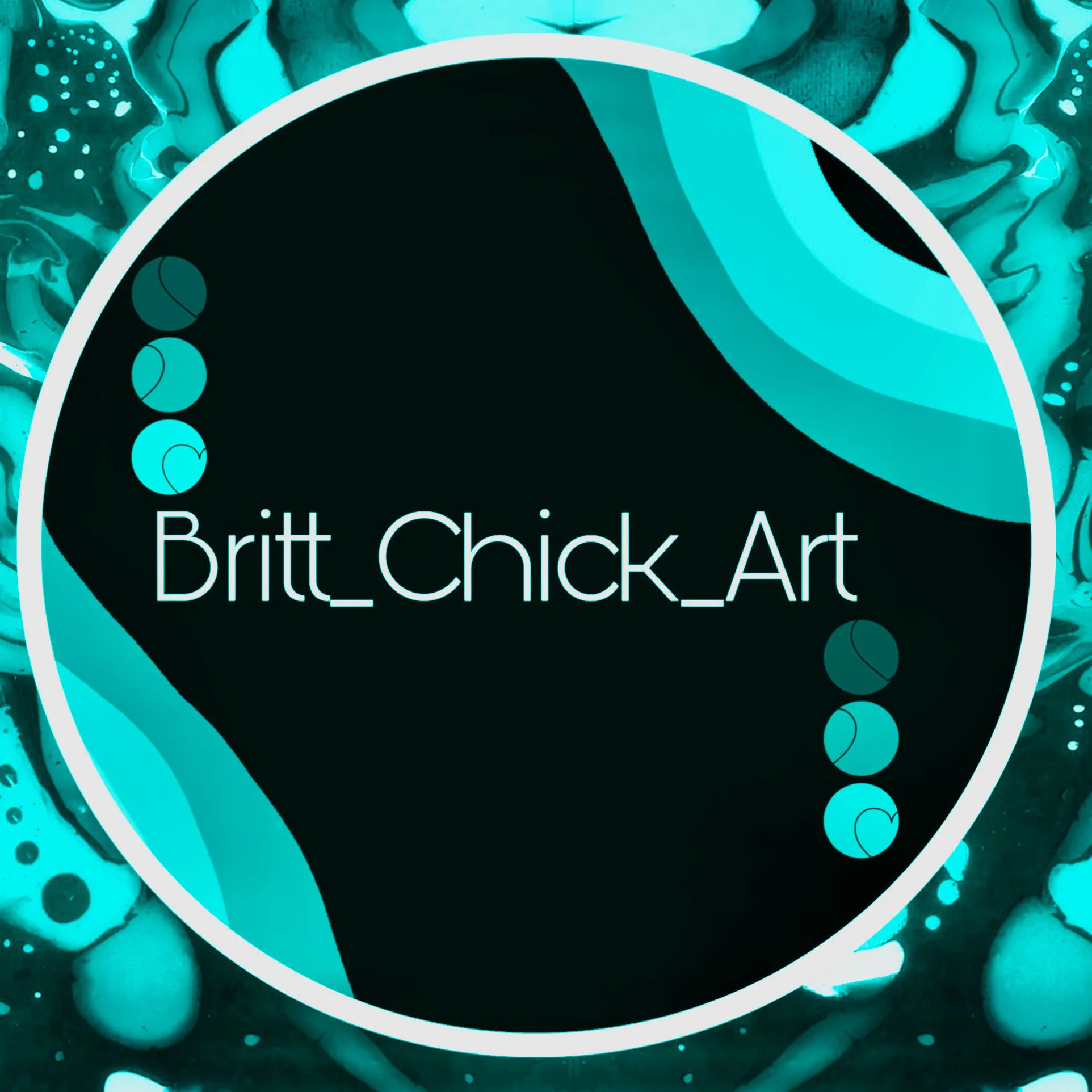 A digital artwork features a black circle with the text 'Britt_Chick_Art' inside, surrounded by abstract blue and teal swirling patterns and small circle designs.
