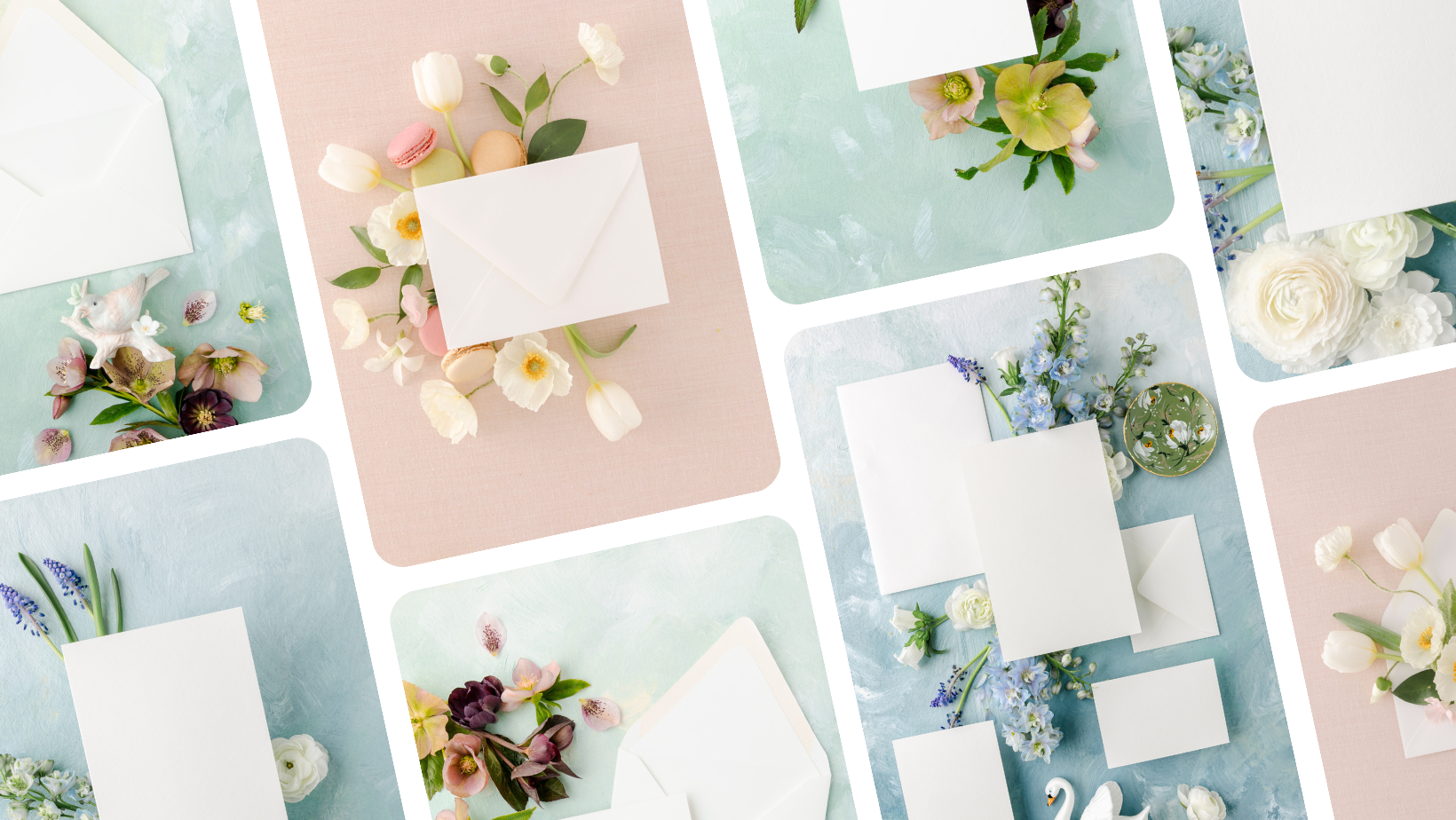 Flat lay of white stationery and envelopes with floral arrangements on pastel backgrounds, featuring tulips, roses, and other flowers.