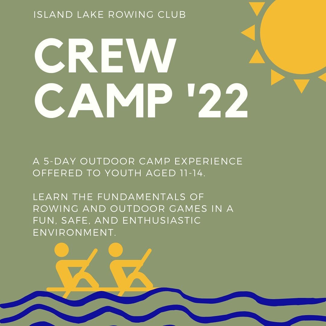 Calling all youth looking for a fun, interactive, and active summer camp experience! Starting next week, Island Lake Rowing Club will be hosting our annual Crew Camp teaching the fundamentals of rowing in an enthusiastic environment! 

While there re