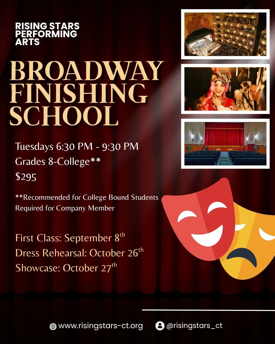 A promotional poster for Broadway Finishing School, presented by Rising Stars Performing Arts, featuring a stage with red curtains, imitation marquee lights, and information about class schedules for grades 8-12, Tuesdays 6:30 PM to 9:30 PM, with a showcase in May TBA.
