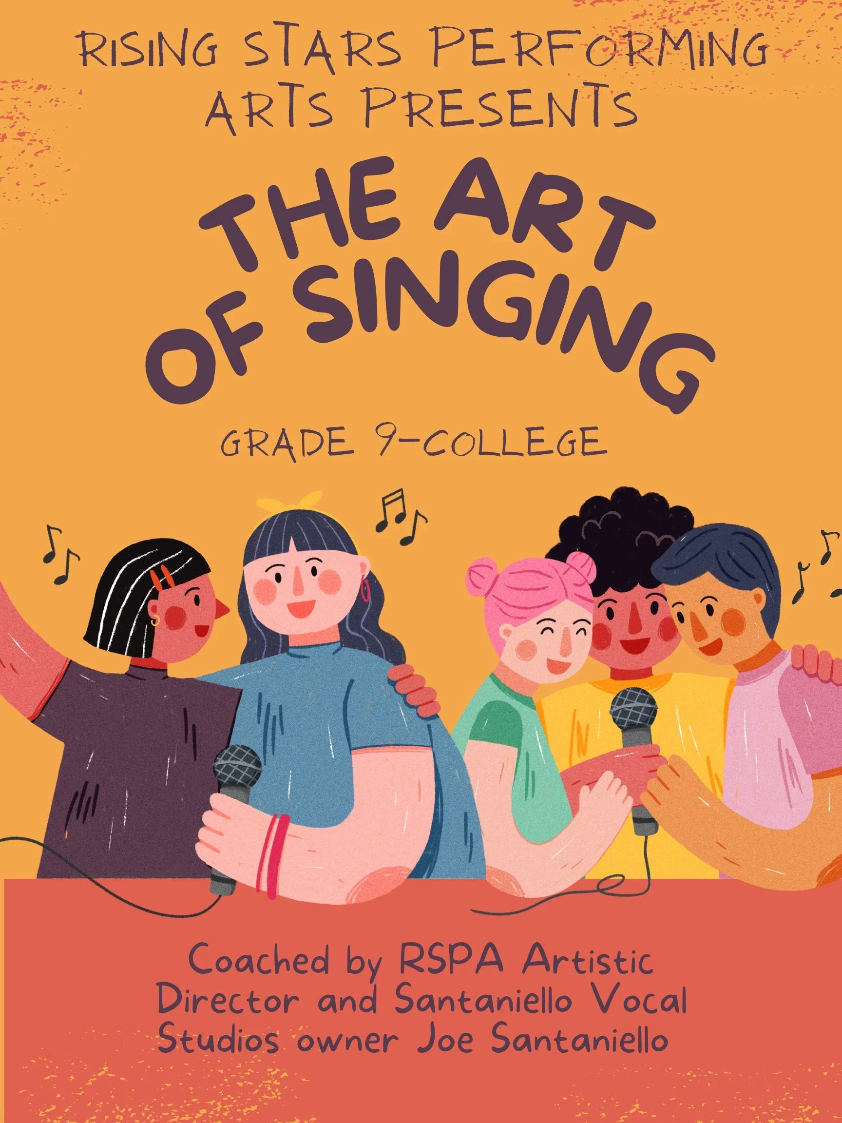 A theatrical stage with red curtains and warm golden lighting, featuring four singers holding microphones. The backdrop has sparkling golden lights, and the text 'The Art of Singing' is prominently displayed in elegant yellow font with musical notes decorating the scene.