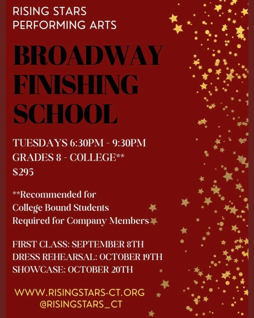 A promotional poster for Broadway Finishing School, presented by Rising Stars Performing Arts, featuring a stage with red curtains, imitation marquee lights, and information about class schedules for grades 8-12, Tuesdays 6:30 PM to 9:30 PM, with a showcase in May TBA.