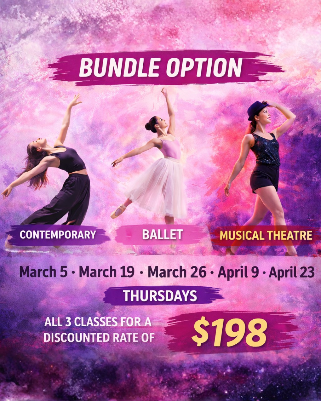 Bright poster advertising a dance class bundle with dancing performers in vintage costumes, sparkling background, and text about jazz, ballet, and musical theatre dance classes for $198 with schedule details.