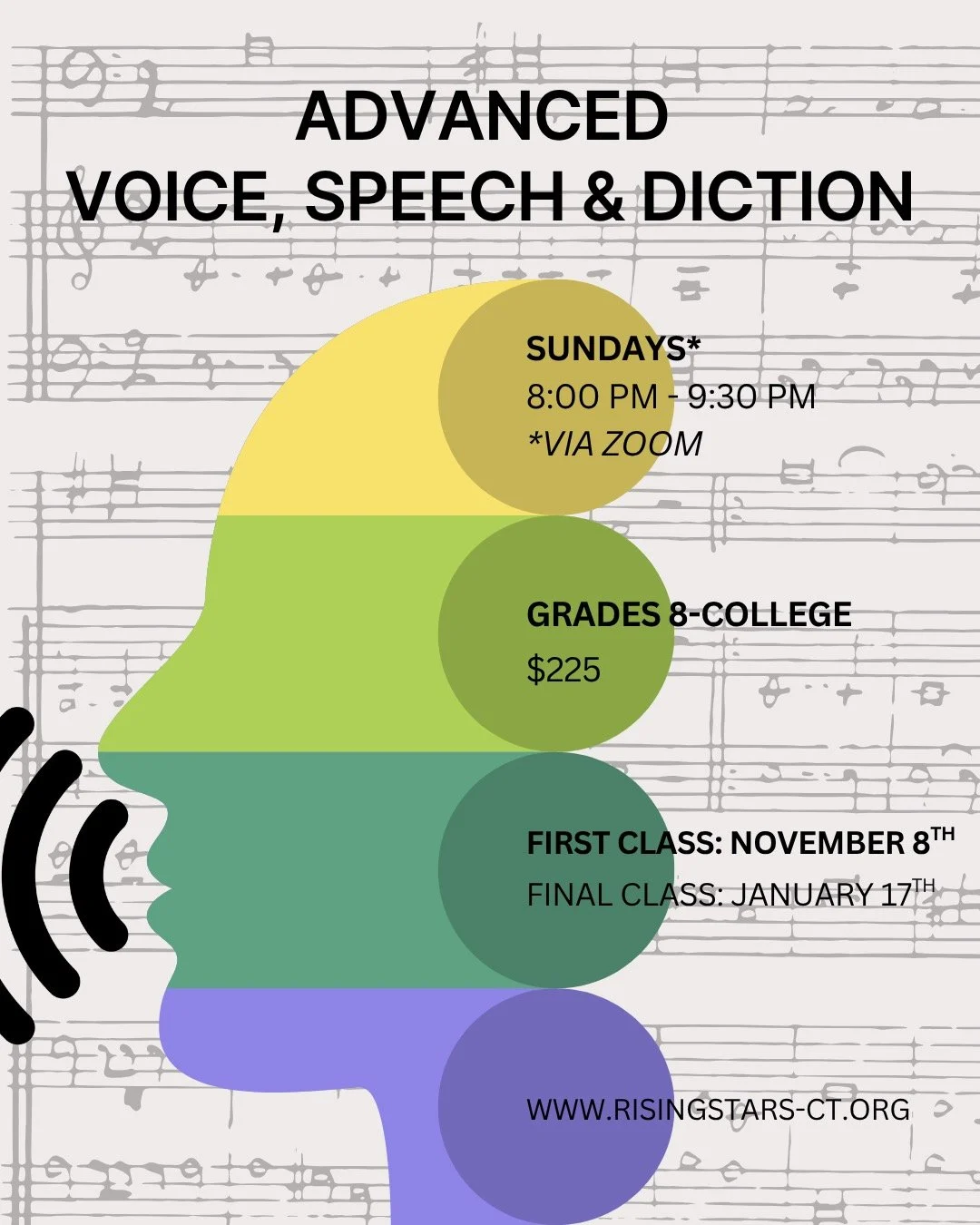 Flier advertising a beginner aural skills singing class for grades 7-12, Wednesdays 6:45-8:00, costing $295, with illustrations of kids playing musical instruments including a girl with a violin, a boy with a guitar, and another boy with a tambourine, and musical notes at the bottom.