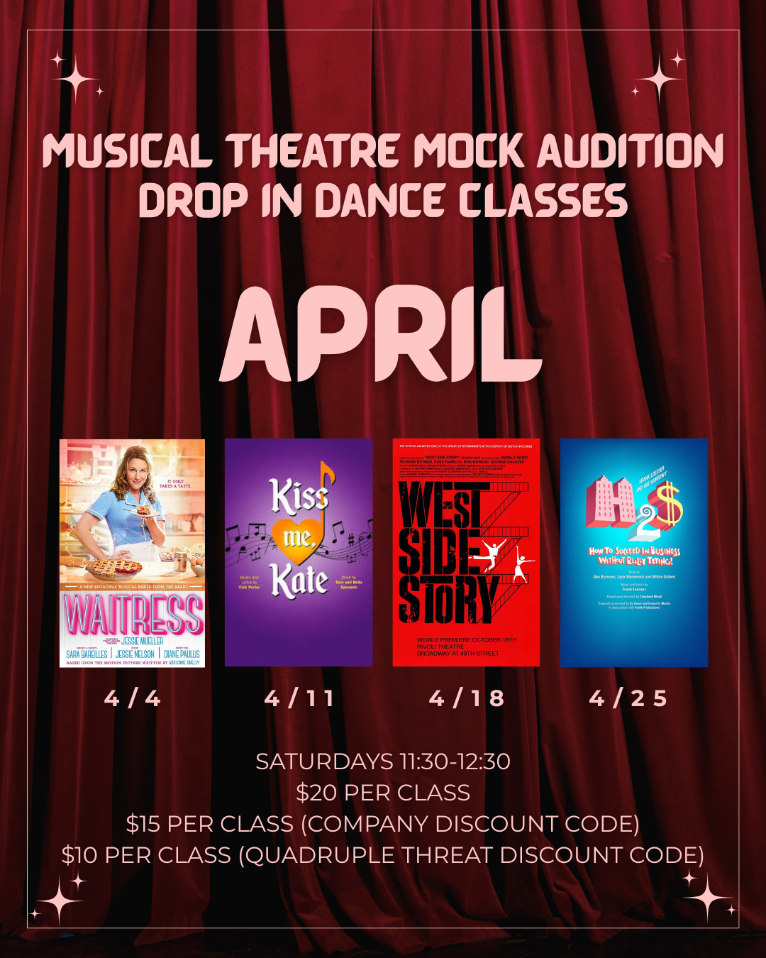 Poster for April musical theatre drop-in dance classes with images of four different show posters, schedule, and pricing details on a red curtain background.