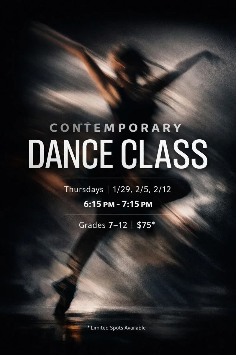 Poster for a jazz dance class with a dancer airborne against a sparkling, starry background, with the word "JAZZ" illuminated at the top and event details below.