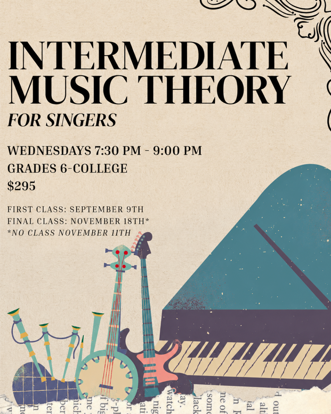 A promotional flyer for an advanced aural skills singing class, featuring musical notes and a piano keyboard border.