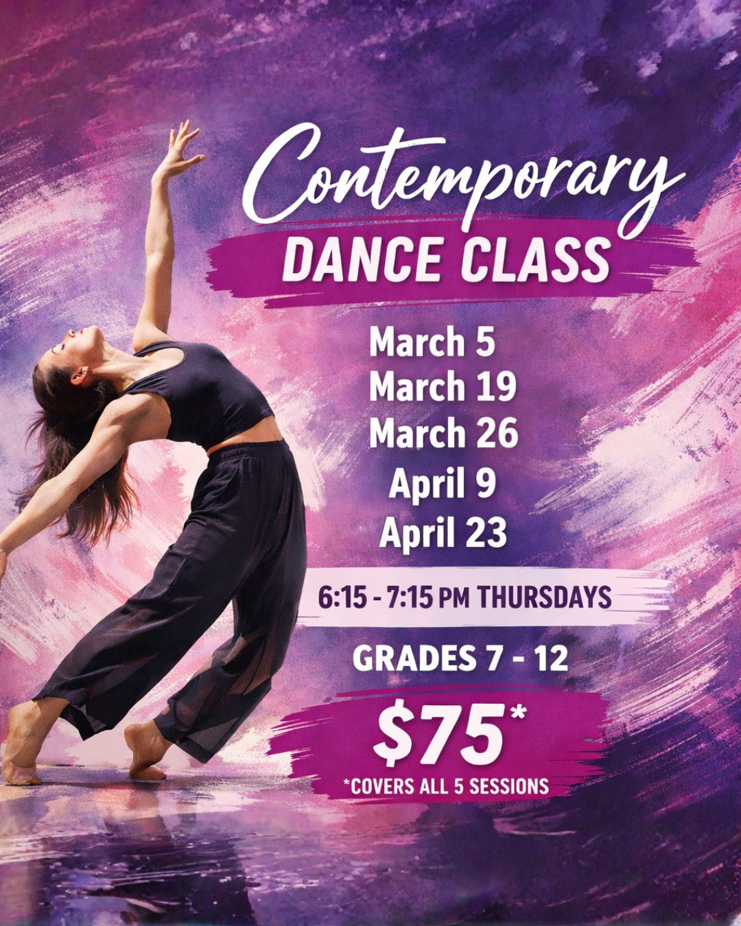 Poster for a jazz dance class with a dancer airborne against a sparkling, starry background, with the word "JAZZ" illuminated at the top and event details below.