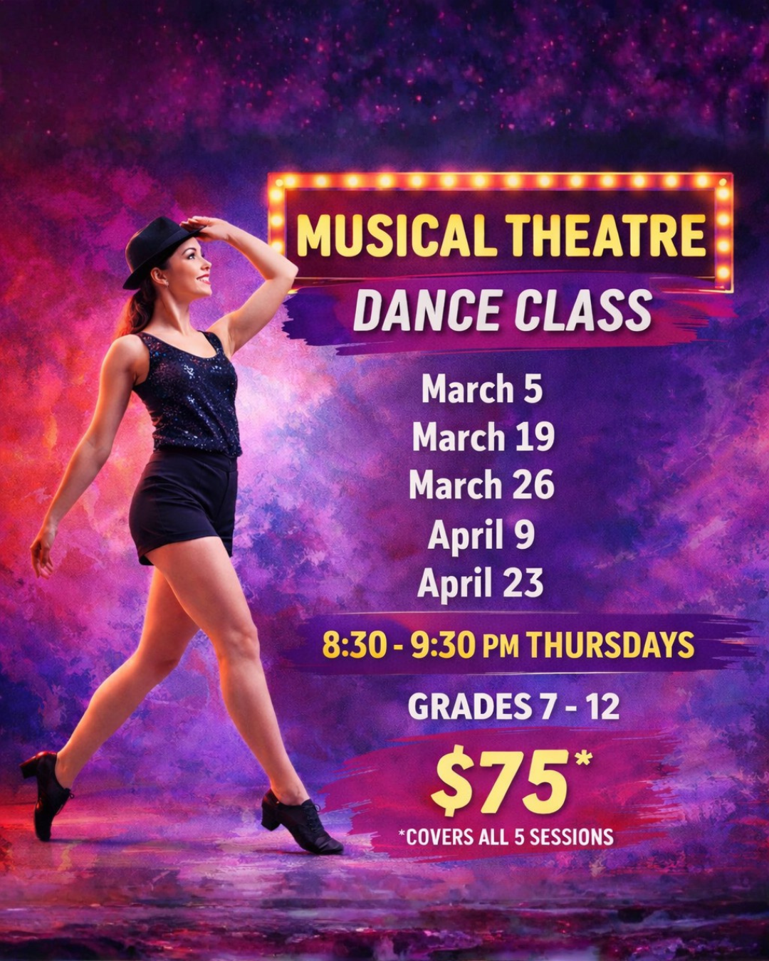 A promotional poster for a musical theatre dance class featuring three smiling performers in vintage costumes, with the text "Musical Theatre Dance" and class details such as dates, time, grade levels, and pricing.