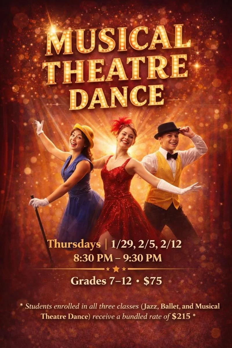 A promotional poster for a musical theatre dance class featuring three smiling performers in vintage costumes, with the text "Musical Theatre Dance" and class details such as dates, time, grade levels, and pricing.