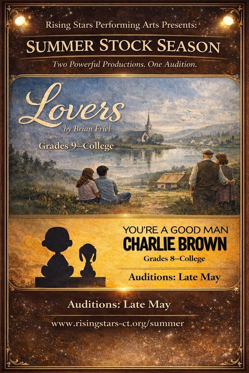 Poster advertising a summer stock season titled "Lovers" by Brian Friel, presented by Rising Stars Performing Arts. It features a scenic painting of a lake with a church and houses, along with four people sitting and standing near the water. The poster also mentions auditions for "You're a Good Man, Charlie Brown" for grades 8 and college, with auditions in late May, and provides a website URL for more information.