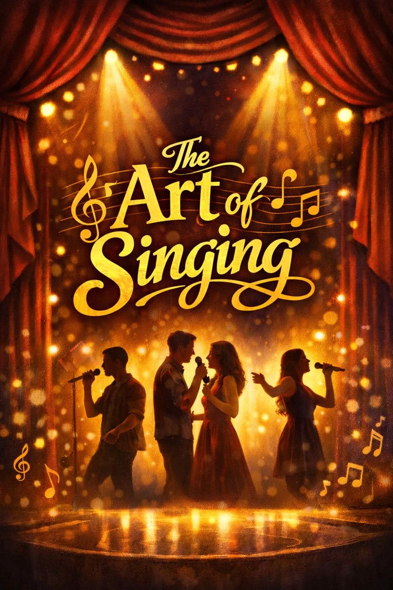 A theatrical stage with red curtains and warm golden lighting, featuring four singers holding microphones. The backdrop has sparkling golden lights, and the text 'The Art of Singing' is prominently displayed in elegant yellow font with musical notes decorating the scene.