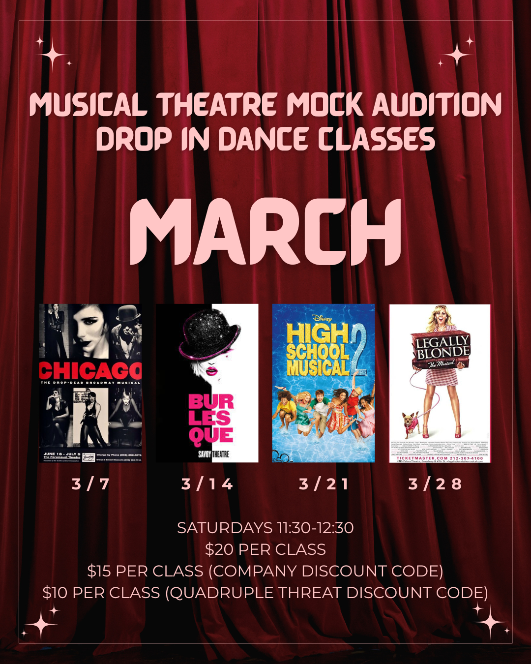 Red stage curtain with announcement for March drop-in dance classes, including musicals and theater performances, featuring posters for Chicago, Belles Que, High School Musical 2, and Legally Blonde, with dates, times, and pricing information.