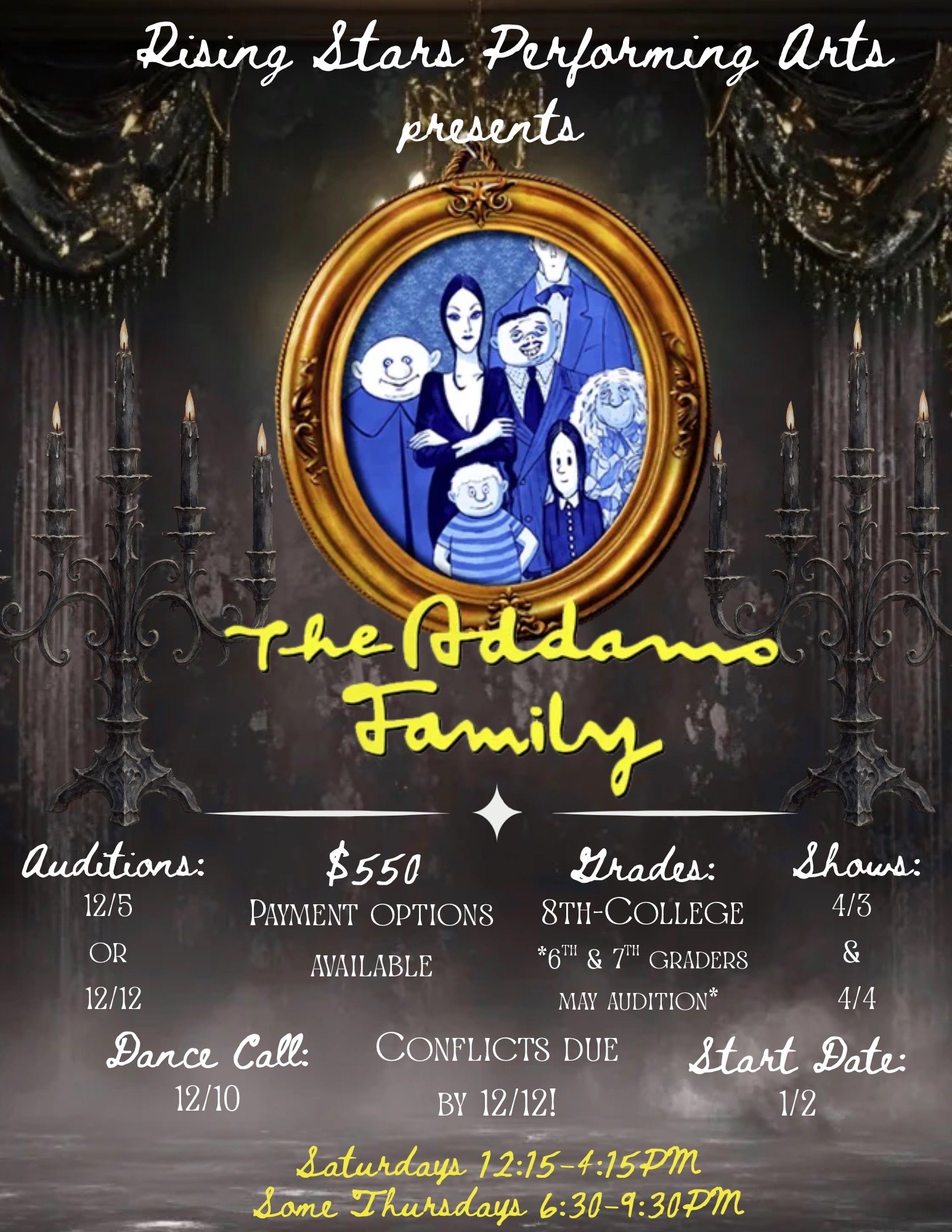 A promotional poster for Broadway Finishing School, presented by Rising Stars Performing Arts, featuring a stage with red curtains, imitation marquee lights, and information about class schedules for grades 8-12, Tuesdays 6:30 PM to 9:30 PM, with a showcase in May TBA.