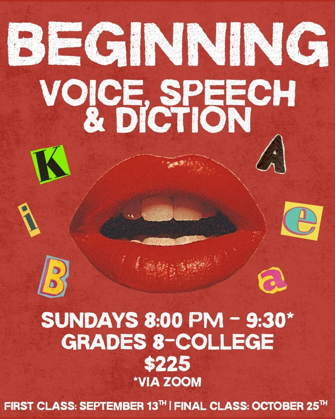 Poster for a sketch comedy acting workshop presented by Rising Stars Performing Arts. The workshop is taught by Molly O'Steen on February 2, 9, and 16 from 7:00 PM to 9:00 PM for grades 8-12, costing $75. The poster features a central image of Molly O'Steen, with illustrations of vintage microphones on either side.
