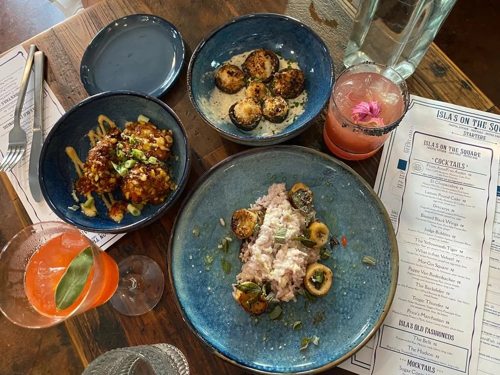 Crab-Stuffed Bellas, Cheddar Corn Fritters, King Trumpet Risotto