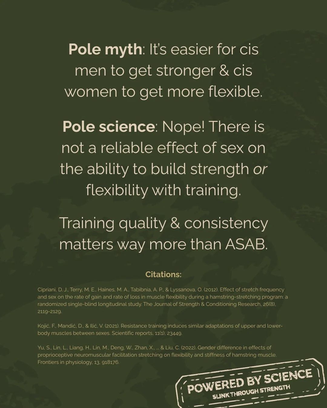 Remember friends: bioessentialism is not only actively harmful, it's scientifically unsound. 🙃 You get better at what you do! ⁠
⁠
If you want to get stronger or more flexible YOU CAN: you just need to train for it.⁠
⁠
#poledance #polescience #polene
