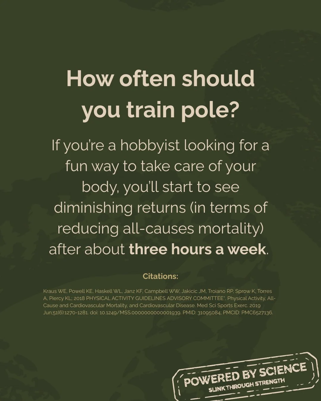 If you're just looking for health benefits, three hours of moderate intensity exercise a week is plenty (especially a mix of cardio &amp; strength training which pole can definitely be.)⁠
⁠
And, what a coincidence, that's how many hours of training a