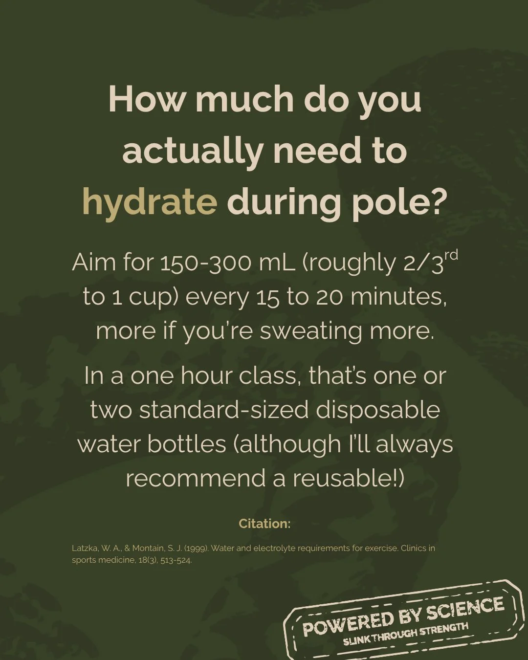 Lots of little sips are ideal! "Just enough to wet your mouth" is what they told us in my personal trainer cert. 😁⁠
⁠
#homepole #polenerd #polescience
