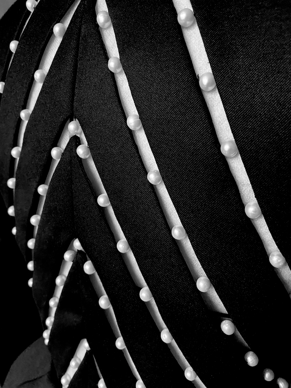 chevron pattern pearl embroidery on black wool