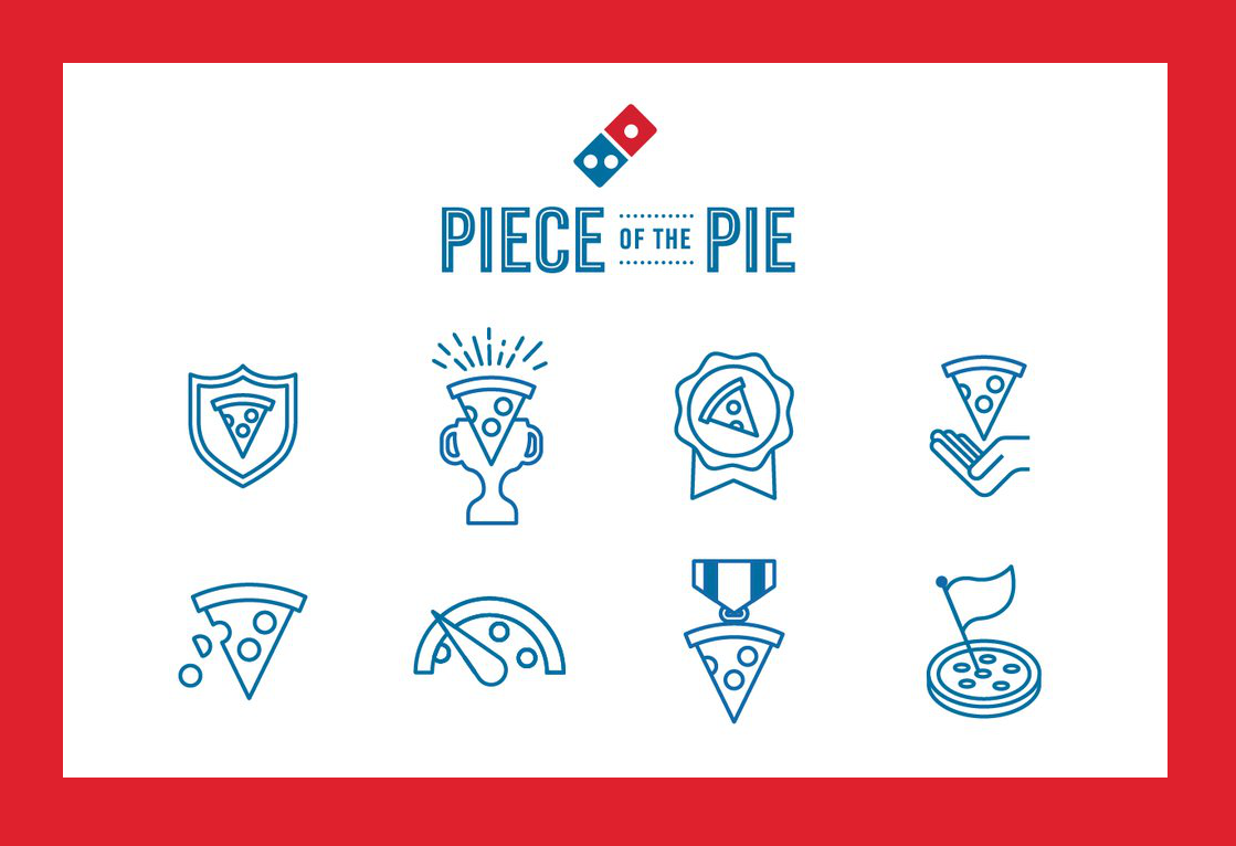 Graphics related to pizza, including pizza slices, a trophy with a pizza slice, a badge with a pizza slice, a hand holding a pizza slice, a pizza with falling slices, a speedometer with a pizza slice, a medal with a pizza slice, and a pizza with a flag, all arranged on a red background with a white central area featuring the text 'Piece of the Pie' and a Domino's logo at the top.